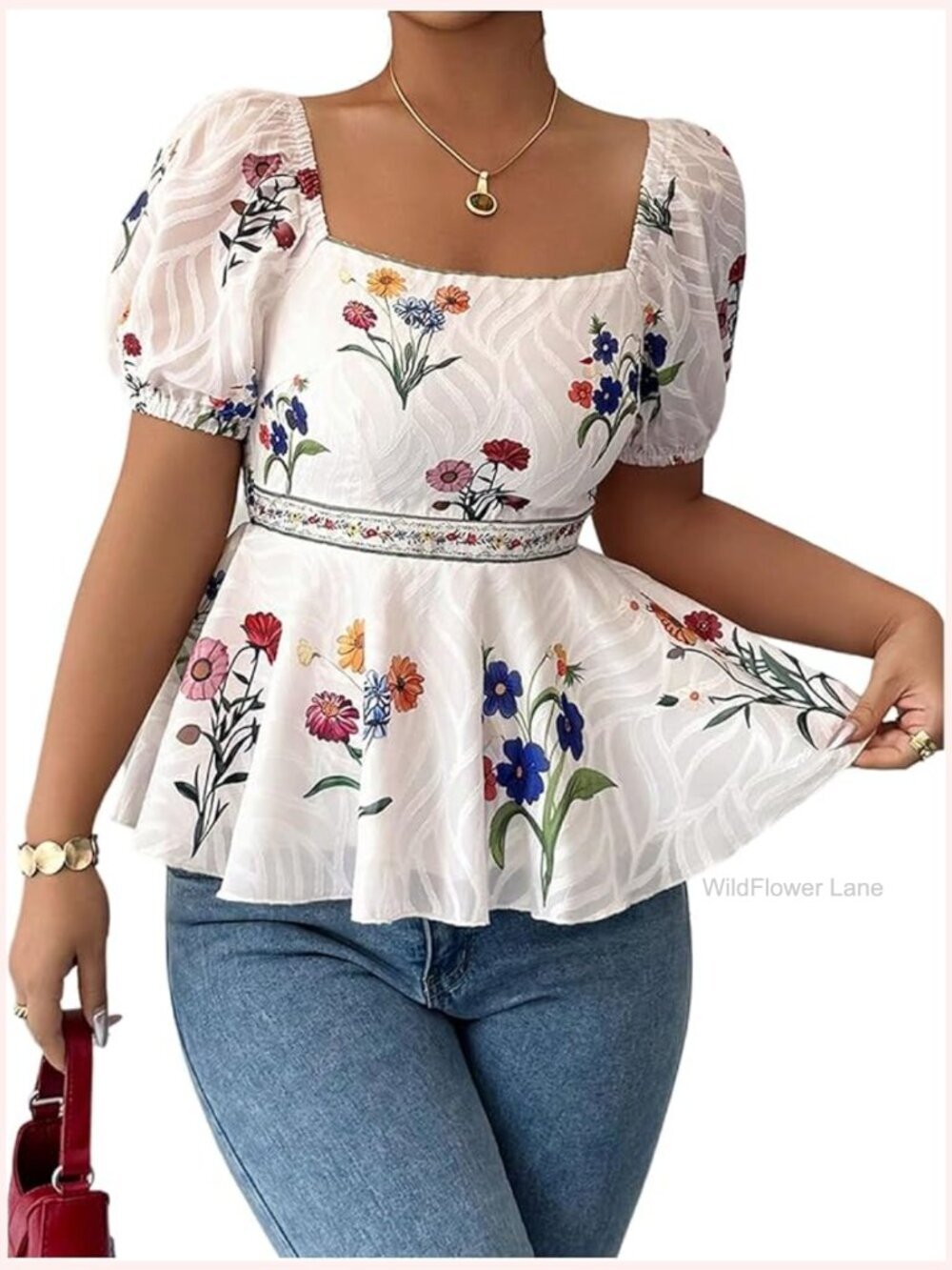 Floral Puff Sleeve Peasant Blouse Square Neck Flowy Dressy Casual Boho Top